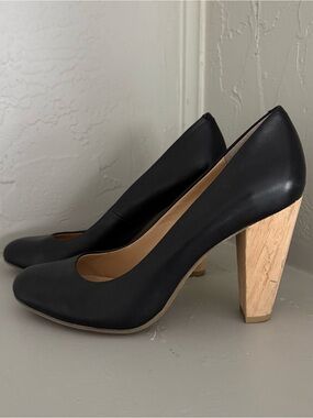 Calvin Klein Black Leather Pumps with Wood Block Heel